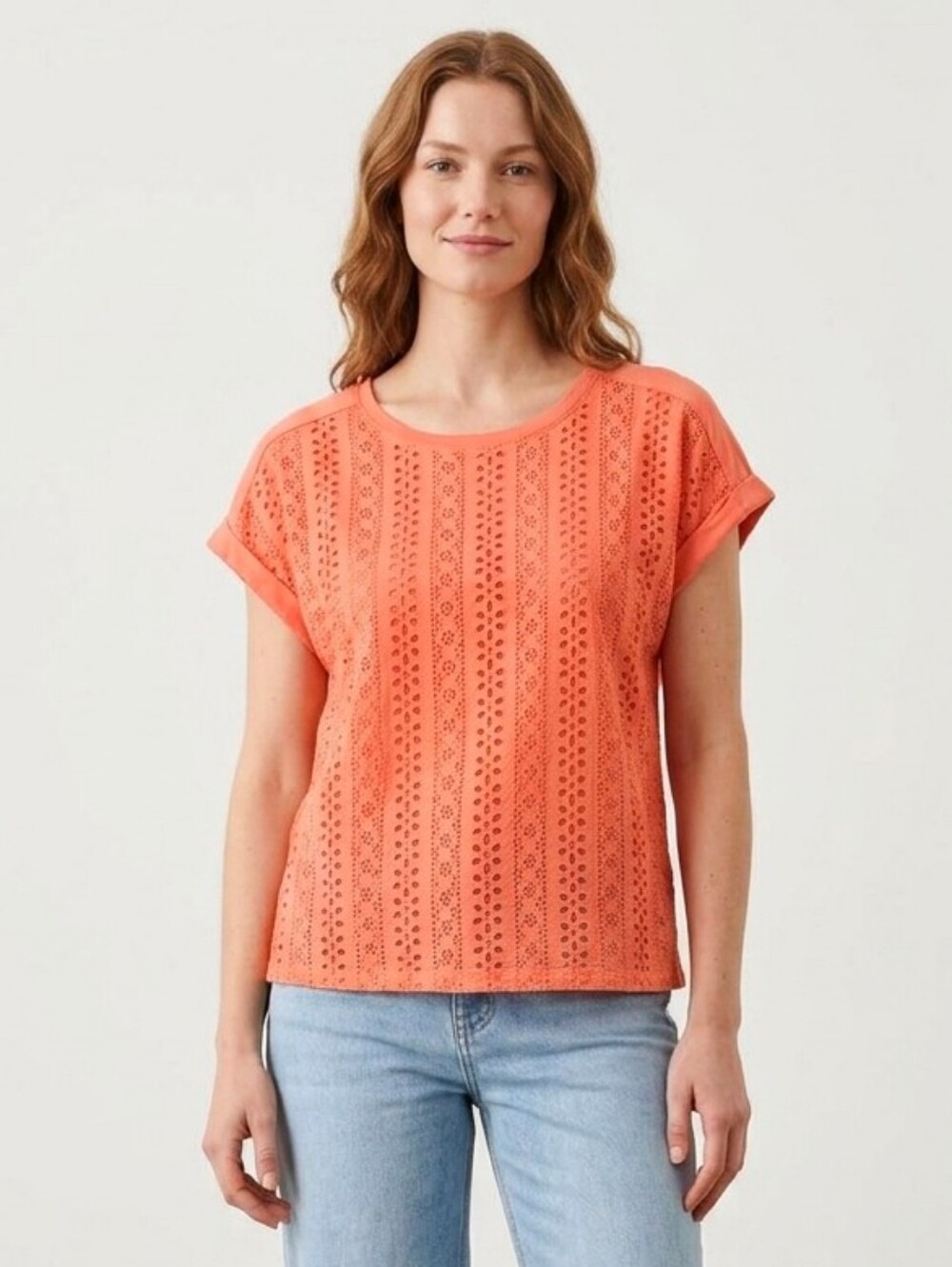 Reitmans Petite Boho Coral Orange Eyelet Lace Short Sleeve Tee,100%cotton,size L